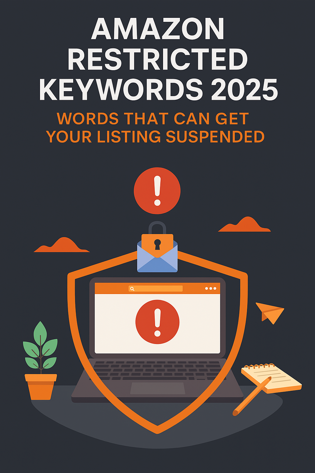 Amazon restricted keywords 2025 warning graphic showing laptop with alert symbol and shield representing listing suspensions.