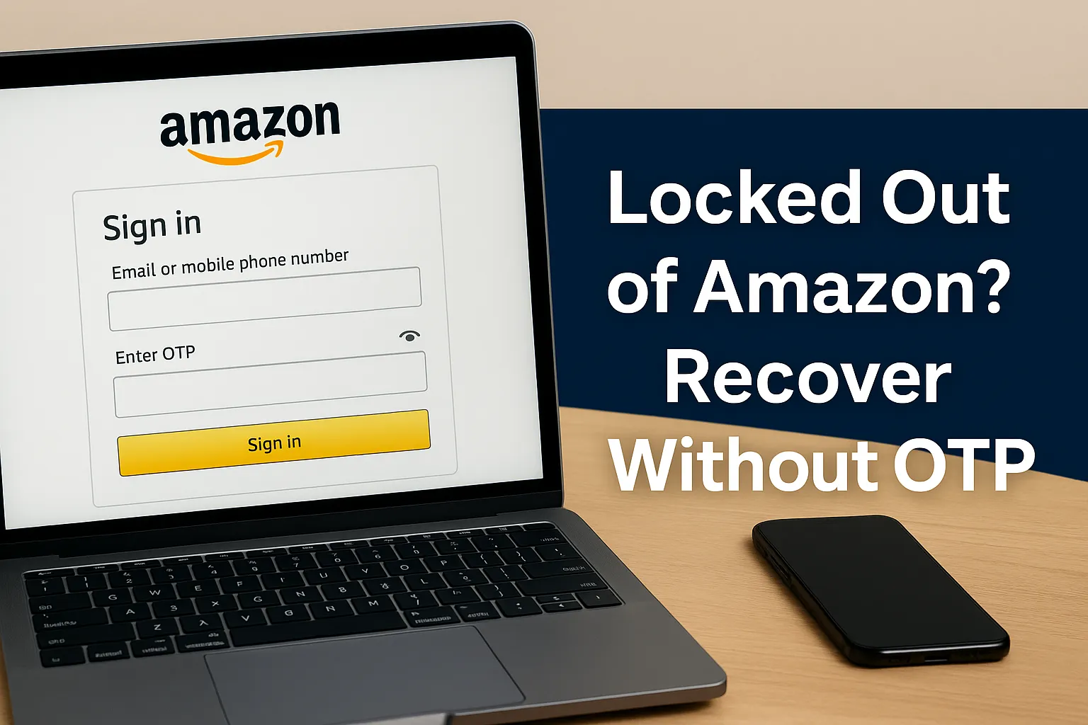 Close-up of a laptop displaying the Amazon login screen with OTP fields, placed on a wooden desk next to a smartphone, accompanied by bold text reading 'Locked Out of Amazon? Recover Without OTP