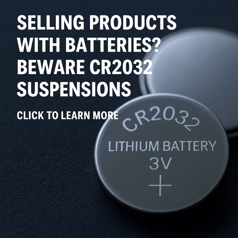 CR2032 lithium battery close-up with warning about Amazon suspensions for battery-related listings