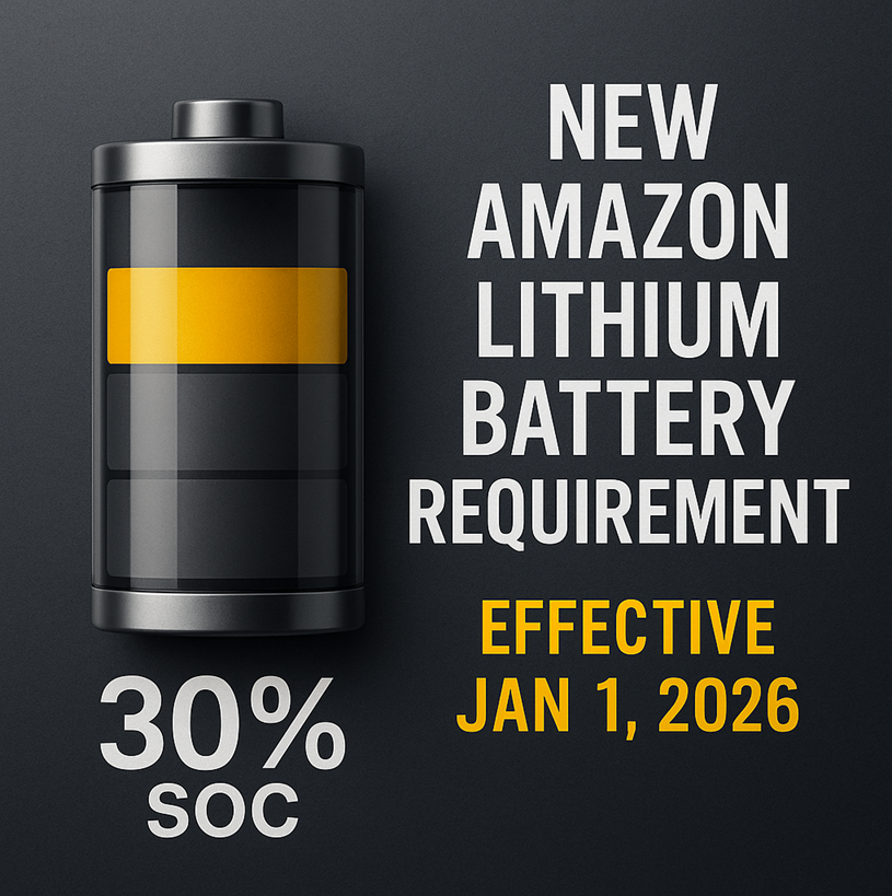 Battery icon showing 30 percent charge with text announcing Amazon’s new lithium-ion battery requirement for 2026.